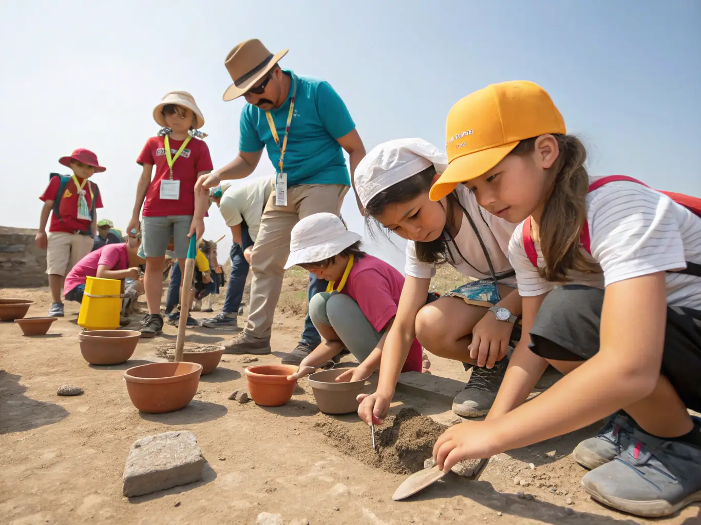 A vibrant photograph capturing children participating in an interactive archaeological workshop at the Musée du Pays Châtillonnais, surrounded by artifacts and educational materials.