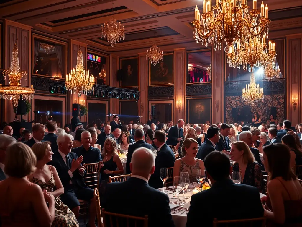 A dynamic photograph of attendees at a fundraising gala for the Musée du Pays Châtillonnais, featuring elegant decorations, live music, and enthusiastic supporters.